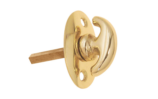 An old-style Classic Solid Brass crescent thumbturn for locking doors. Used with mortise locks, deadbolts, night-locks, catches. Made of solid brass material. 3/16" thick shaft. Unlacquered brass (will patina naturally)