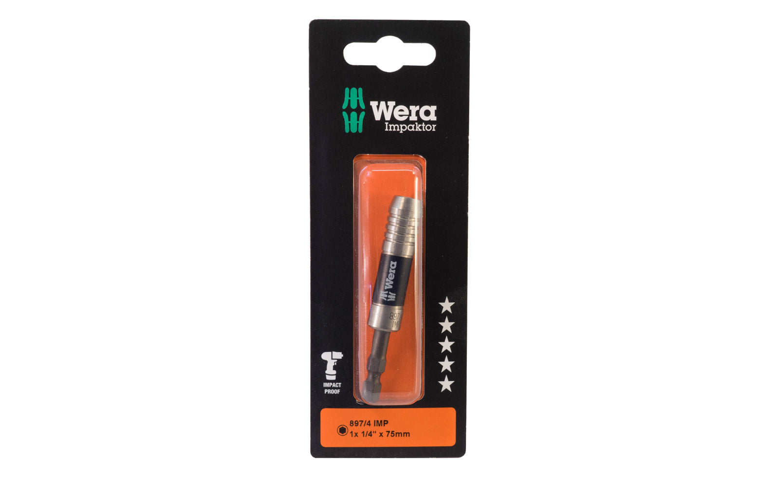 Wera Impaktor Holder with Retaining Ring & Magnet "897/4 IMP". Impaktor holder with retaining ring & magnet for bits with 1/4" hexagon head drive. Double-torsion spring to absorb extreme impulse peaks. Stainless holder with magnet for the secure fit of bit & screw. Wera 057675.