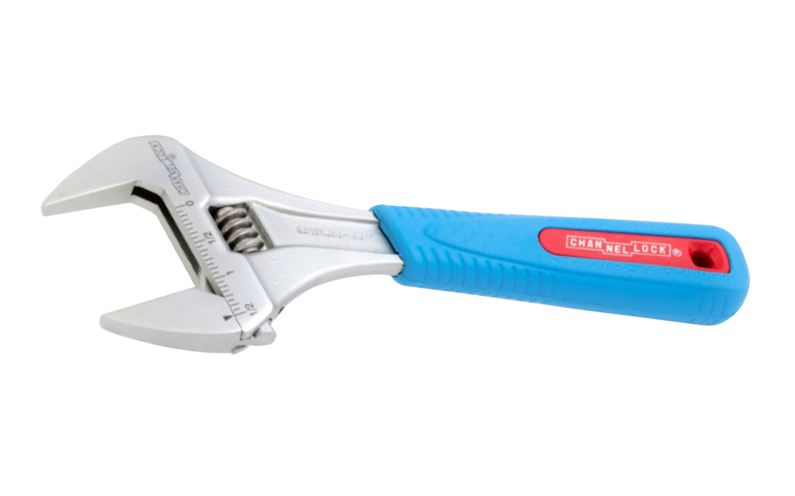 Channellock 8" Adjustable Wrench "Wide Azz" 'Code Blue". WideAzz jaws are up to 75% wider than a standard wrench. Longer jaws grip better and provide greater access in tight spaces. Rugged Chrome Vanadium steel. Chrome finish for rust prevention. 8" size. Channelock Model 8WCB.