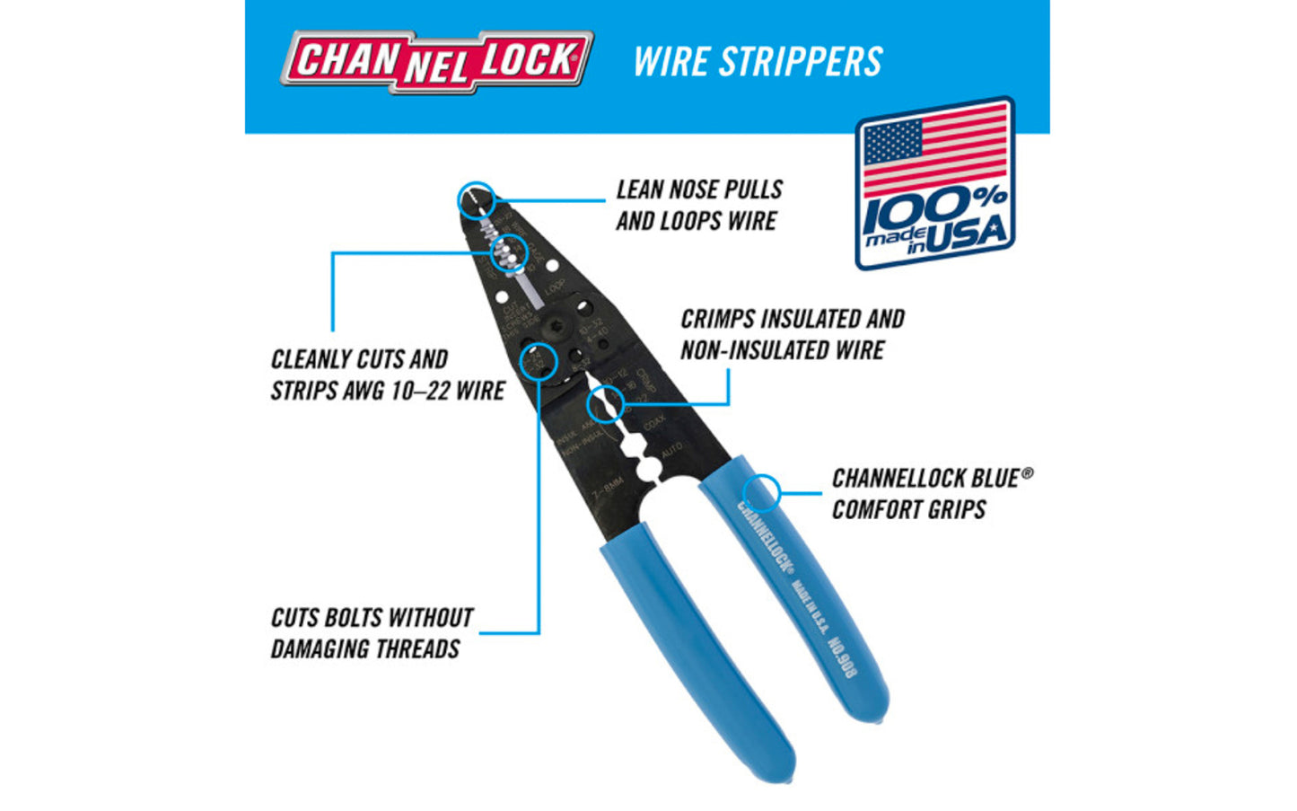 The Channellock precision-machined  8" wire stripper is designed to last against the rigors of everyday use. Includes a precision ground cutter, common stripping hole sizes. Modle 908. Screw shears for 6-32, 8-32, 10-24, 10-32, 4-40 thread.  Channelock stripper made in USA.