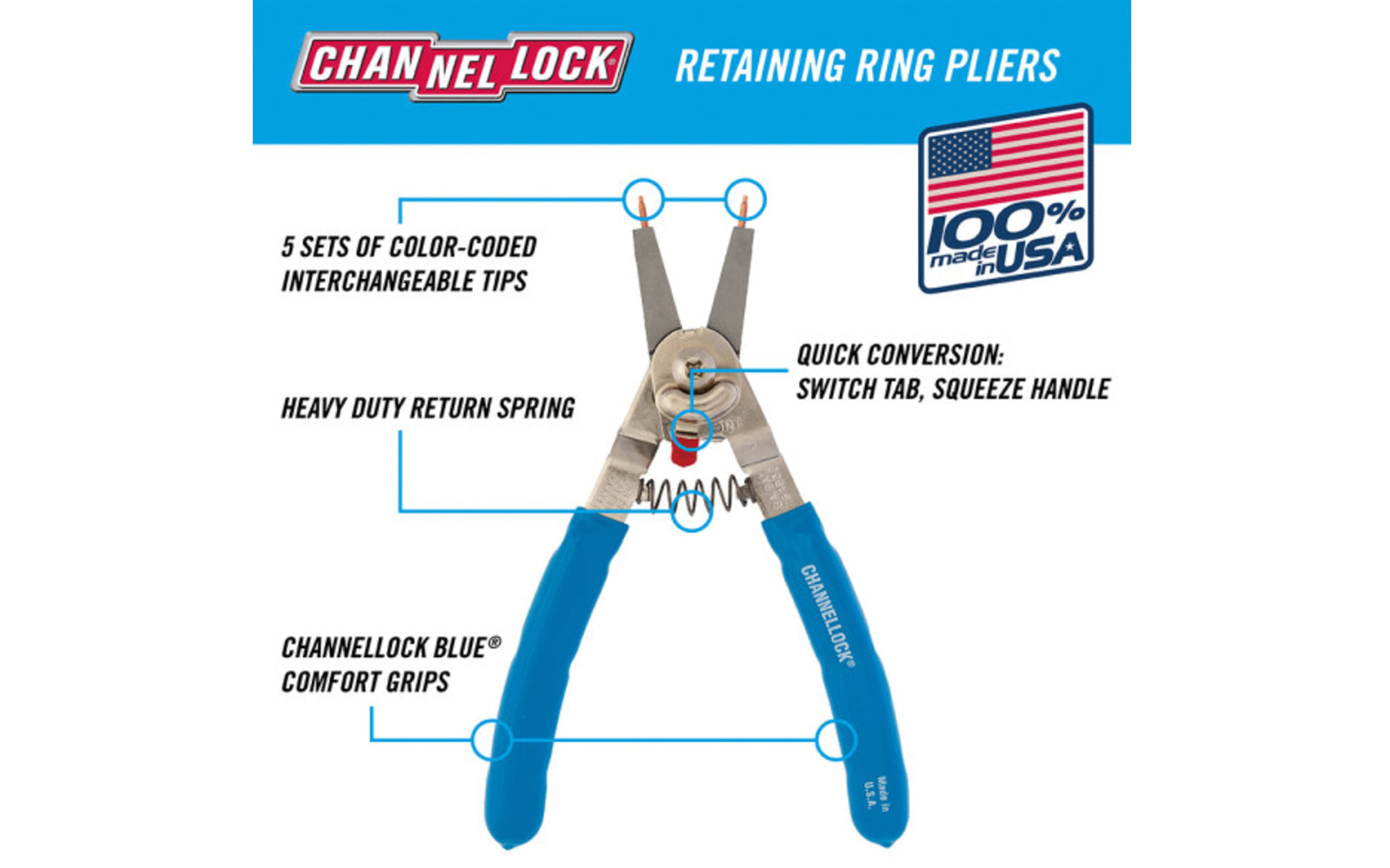 Channellock 6" Convertible Retaining Ring Pliers easily convert from working with external to internal snap rings with a simple switch of a tab. The heavy duty return spring reduces hand fatigue and provides increased accuracy when applying or removing snap rings Model 926. Made in USA.