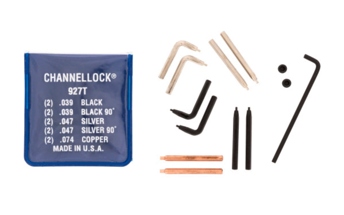 Channellock 5-PC Universal Retaining Ring Tip Kit - 927T. Interchangeable tip kit includes: .039, .047, .074 straight and .039, .047, 90-degree.  Made in USA.