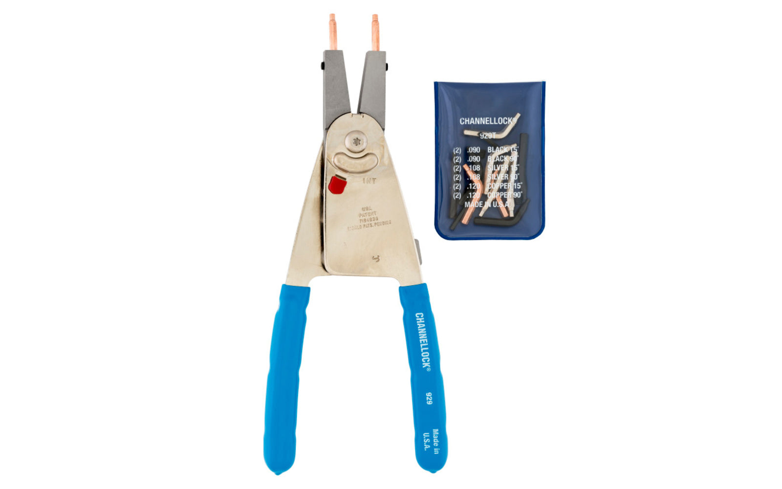 Channellock 10" Convertible Retaining Ring Pliers easily convert from working with external to internal snap rings with a simple switch of a tab. The heavy duty return spring reduces hand fatigue and provides increased accuracy when applying or removing snap rings Model 929. Made in USA.