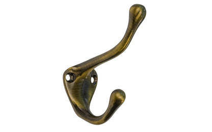 Ives Classic Solid Brass Double Hook. Great for kitchens, bathrooms, hallways, furniture, cabinets, bedrooms. The two prong hook is made of solid brass material, making it durable for clothing, towels, bags. Hat & Coat Hook. Antique Brass Finish.