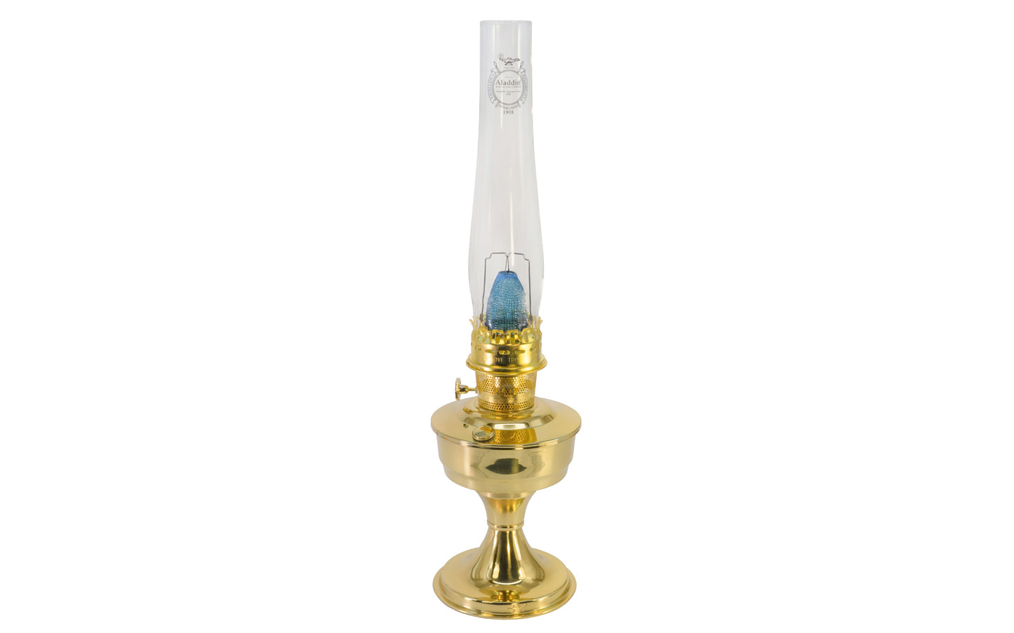 "Classic Brass Lamp" kerosene table lamp made by Aladdin Mantle Lamp Co. Model B2301. Includes Model 23A mantle burner with oil lamp. 24" overall height of lamp.