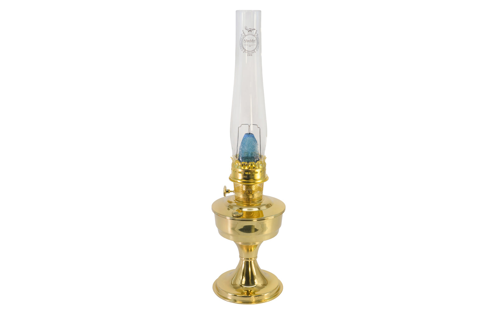 "Classic Brass Lamp" kerosene table lamp made by Aladdin Mantle Lamp Co. Model B2301. Includes Model 23A mantle burner with oil lamp. 24" overall height of lamp.
