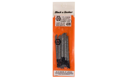 Black and Decker 7 TPI Jig Saw Blades, Coarse - 10 PK. For fast, very smooth cuts in wood, plywood, composition board, etc. Hollow ground wood cutting. U-shank jigsaw blade.  Made in USA.