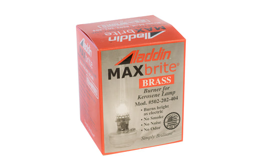 Aladdin "MAXbrite" Brass Burner. Fits all Aladdin Lamps made after 1932. Replaces burner models A, B, C, 21, 21c, 23, 23a. Nickel finish. Designed & assembled in USA. Aladdin Mantle Lamp Company.