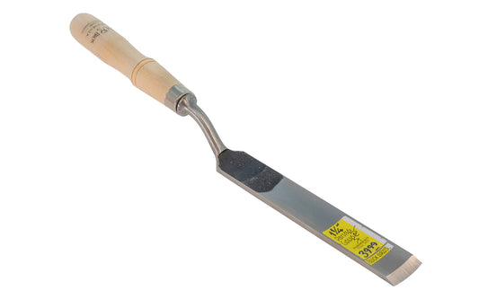 Buck Bros 1-1/4" Curved Paring Gouge. A curved paring gouge made by Buck Bros. in the USA. The sharp chisel blade is made of high carbon steel, hardened & tempered to Rc58.   Made in USA.