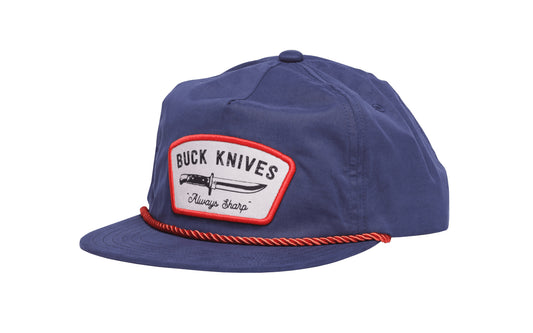 Buck Knives Hat 'Buck Always Sharp 124' with blue color. The hat is constructed of 35% cotton / 65% polyester. Adjustable snapback. One size fits most. Buck Knives Ball Cap Hat.