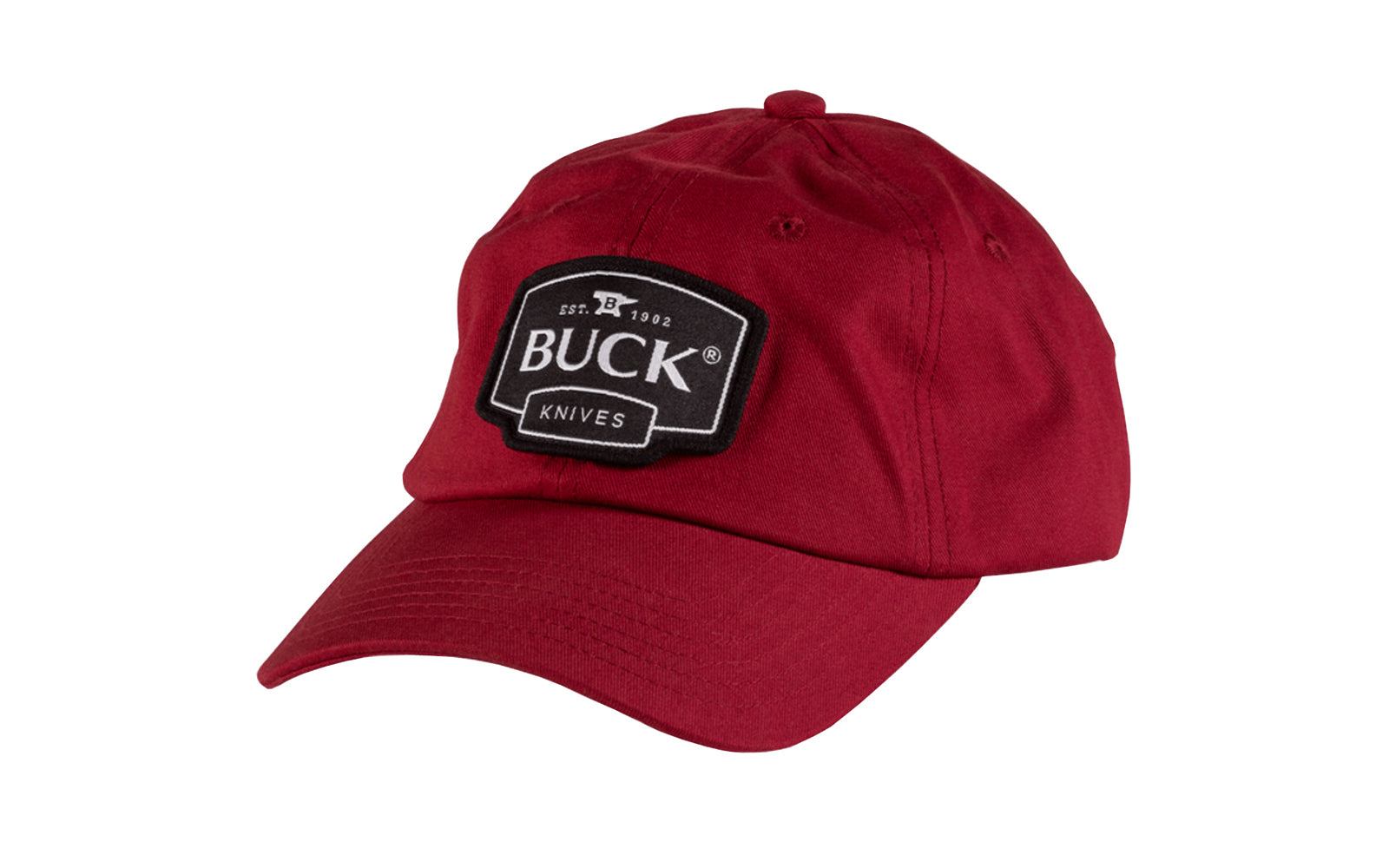 Buck Knives Hat 'Six-Panel Cardinal Logo' with red cardinal color. The hat is constructed of 100% cotton. Metal Snap Buckle Closure. One size fits most. Buck Knives Ball Cap Hat.
