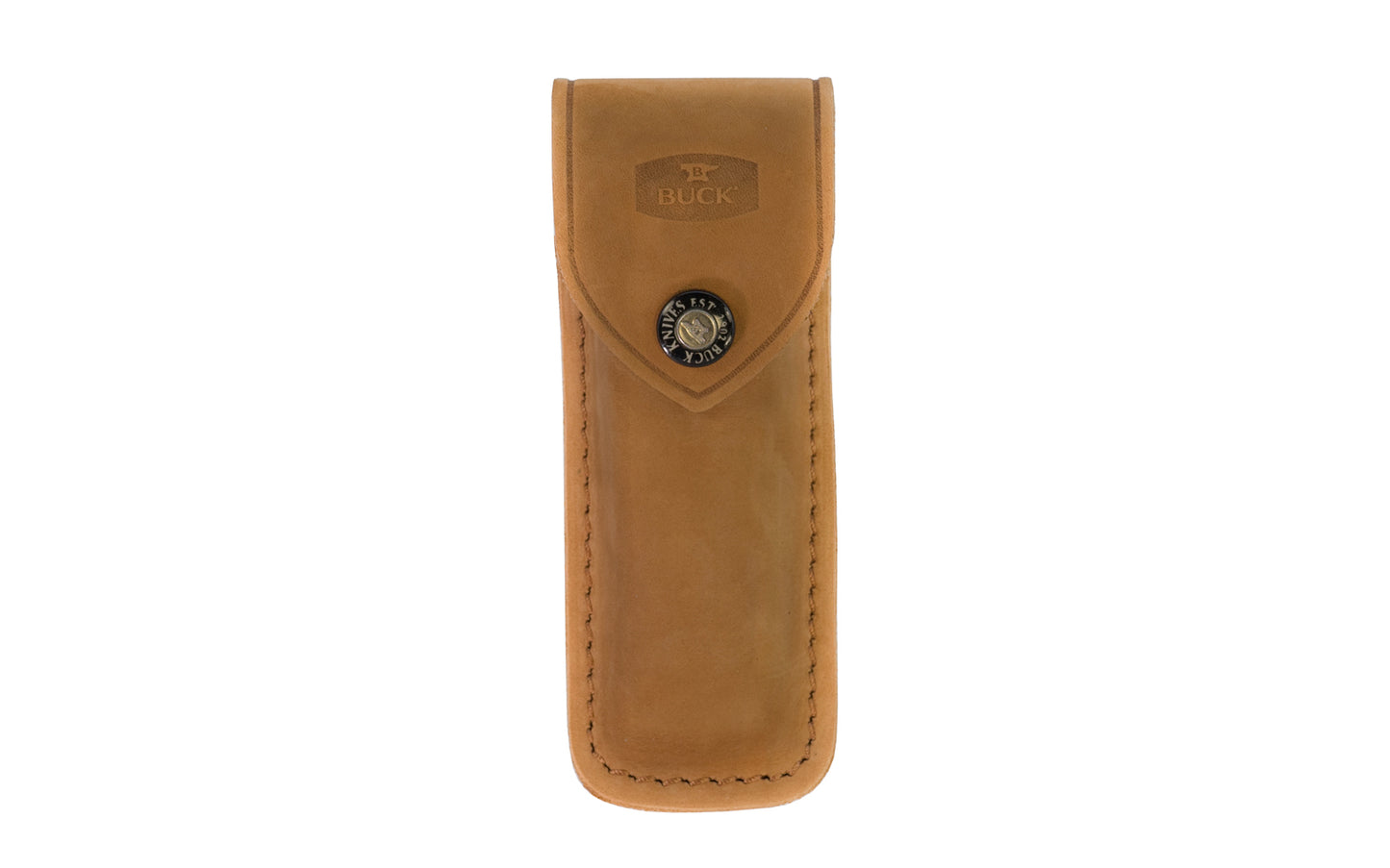 Buck Knives Leather Sheath in Distressed Brown. Designed for the 110 Folding Hunter Knife. Button snap on sheath. 5-3/4" overall length. Fits up to 2" wide belt. Made in USA.