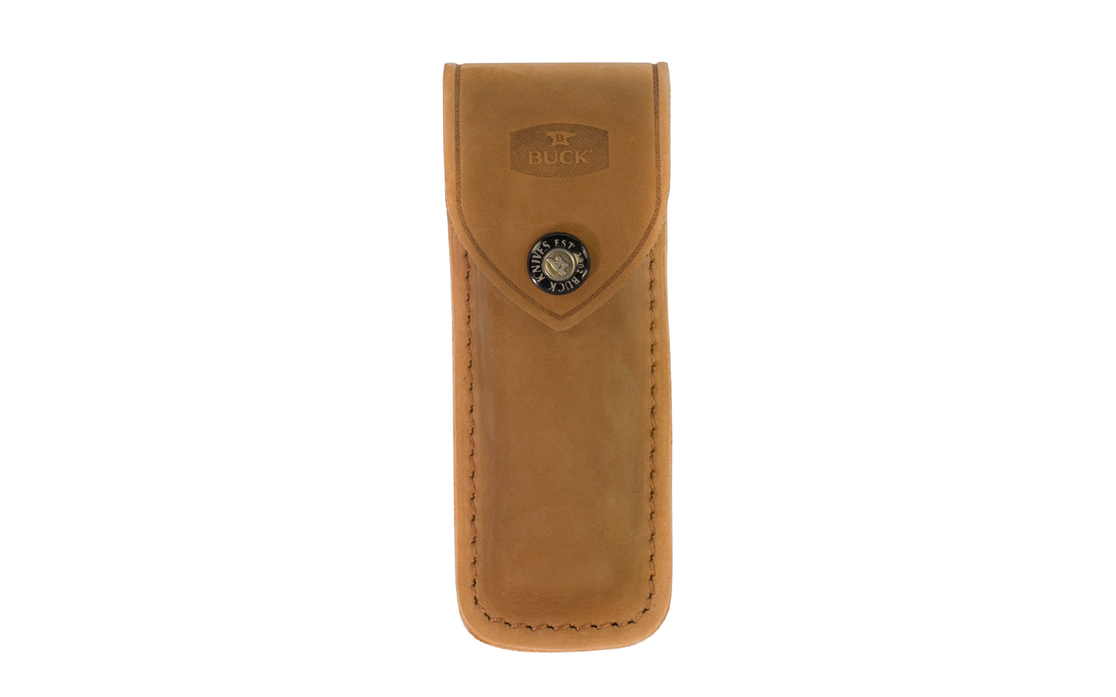 Buck Knives Leather Sheath in Distressed Brown. Designed for the 110 Folding Hunter Knife. Button snap on sheath. 5-3/4" overall length. Fits up to 2" wide belt. Made in USA.