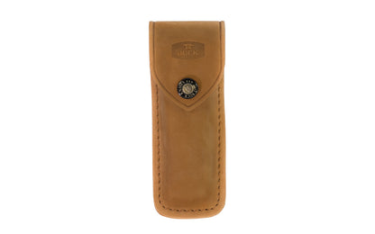 Buck Knives Leather Sheath in Distressed Brown. Designed for the 110 Folding Hunter Knife. Button snap on sheath. 5-3/4" overall length. Fits up to 2" wide belt. Made in USA.
