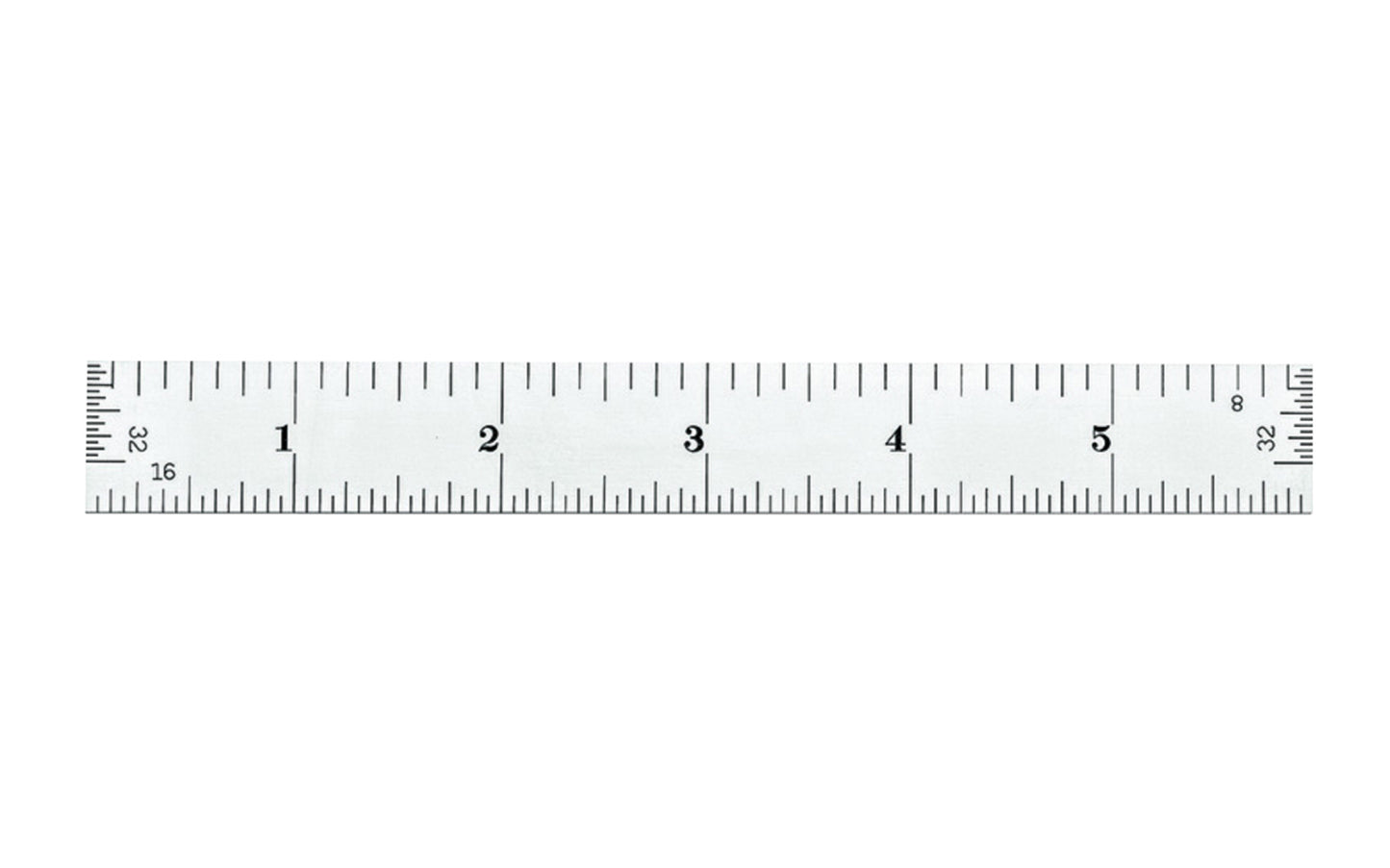 The Starrett 6" End Read Semi-Flex Rule - 1/8", 1/16", 1/32", 1/64", 4R Grads. Features a satin chrome finish. Includes end graduations.  Made in USA. Model C304SRE-6. EDP 51343.