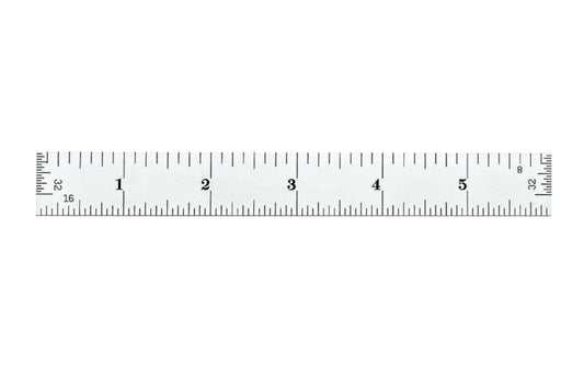 The Starrett 6" End Read Semi-Flex Rule - 1/8", 1/16", 1/32", 1/64", 4R Grads. Features a satin chrome finish. Includes end graduations.  Made in USA. Model C304SRE-6. EDP 51343.
