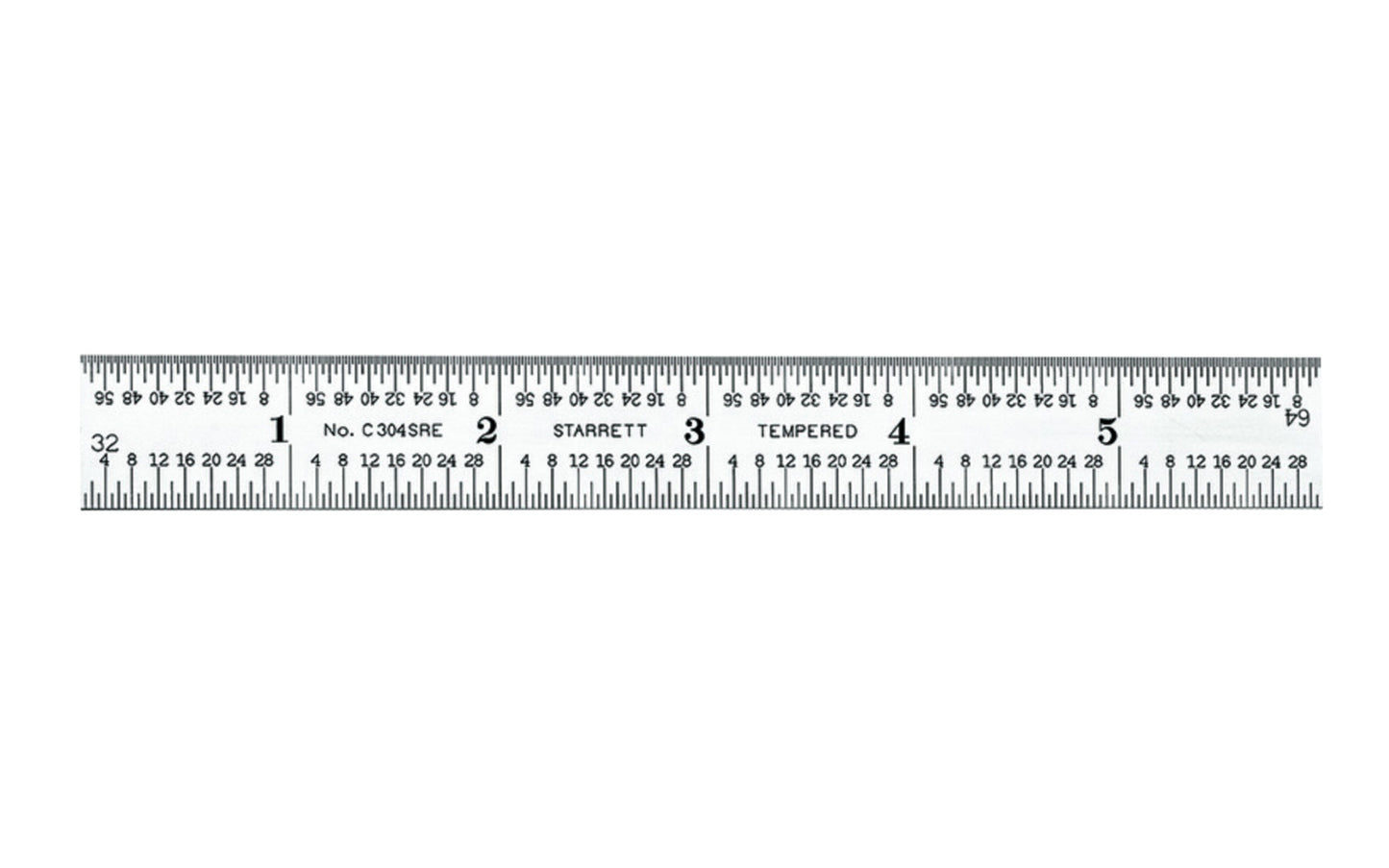 The Starrett 6" End Read Semi-Flex Rule - 1/8", 1/16", 1/32", 1/64", 4R Grads. Features a satin chrome finish. Includes end graduations.  Made in USA. Model C304SRE-6. EDP 51343.