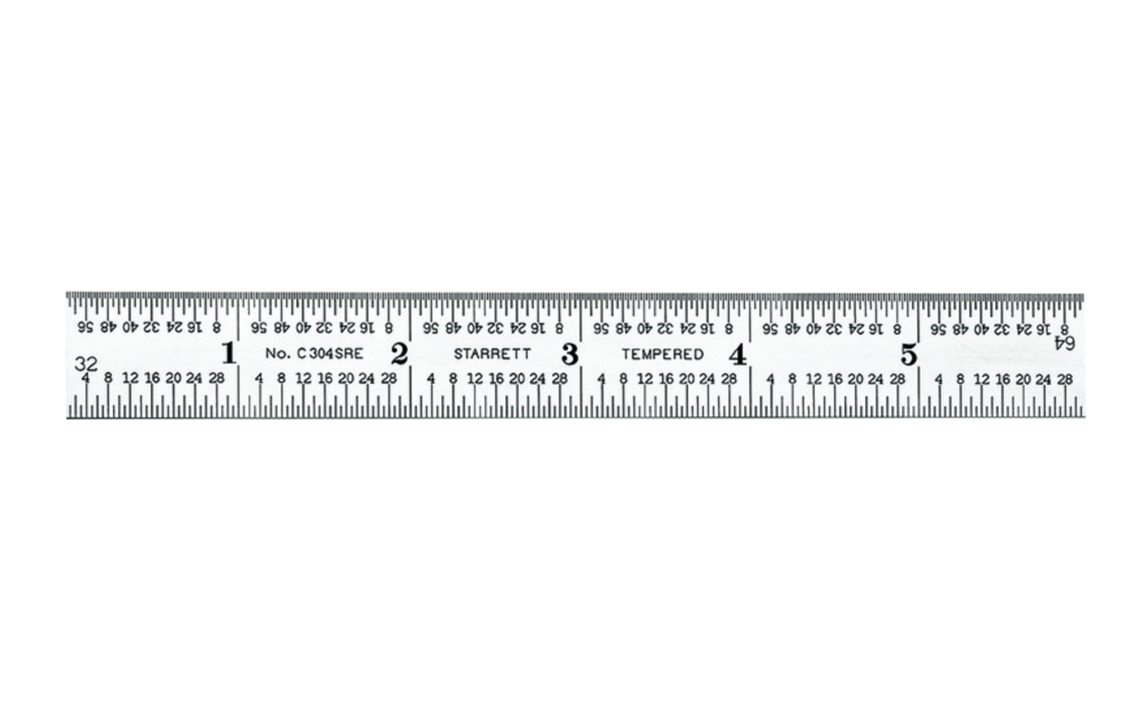 The Starrett 6" End Read Semi-Flex Rule - 1/8", 1/16", 1/32", 1/64", 4R Grads. Features a satin chrome finish. Includes end graduations.  Made in USA. Model C304SRE-6. EDP 51343.