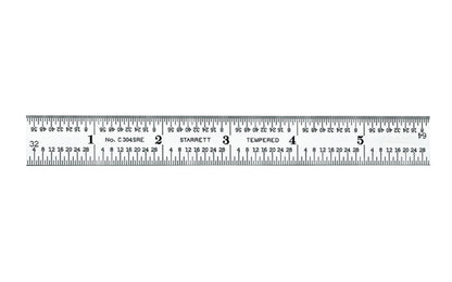 The Starrett 6" End Read Semi-Flex Rule - 1/8", 1/16", 1/32", 1/64", 4R Grads. Features a satin chrome finish. Includes end graduations.  Made in USA. Model C304SRE-6. EDP 51343.