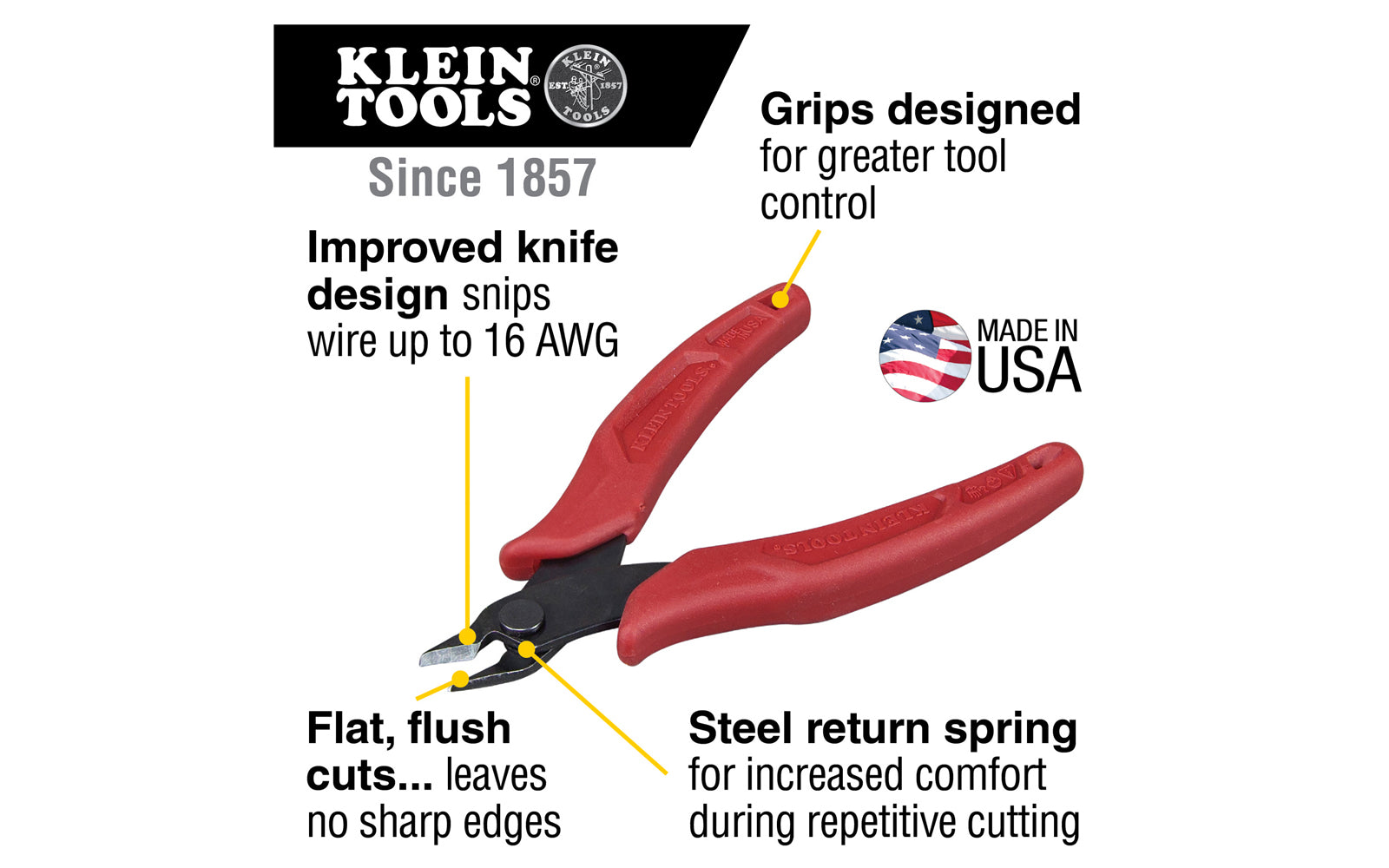 Klein Tools Precision Flush Cutter offers added comfort for cutting applications that demand precision and control. Improved knife design on these pliers snips soft wire up to 16 AWG for a flat, flush cut. Great for cutting small wire, zip ties and other fine material. Model D275-5. 