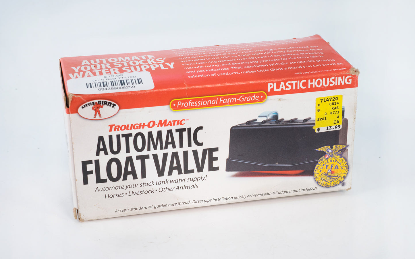 Automatic Float Valve. Universal farm tank watering valves. Converts tanks or barrels into automatic stock waterers. Designed to operate from gravity flow or pressure up to 70 PSI (pounds per square inch). Low priced, very efficient, and reliable. Outer housing is molded of high impact resin. Withstands weather and abuse. Durable molded float. Includes 2 sets of brackets. Compatible with poly and steel tanks.