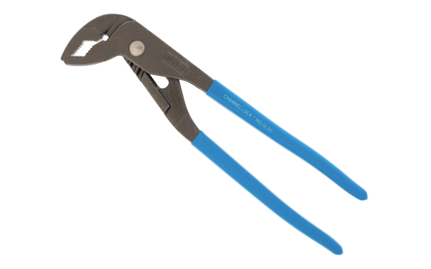Channellock 9-1/2" Tongue & Groove "GripLock" Plier GL10 has an ergonomically designed offset head that provides more leverage. A special jaw design allows it to grip down on many shapes for added versatility. Channelock Model GL10. Professional non-slip channellocks. adjustable tongue and groove plier. Made in USA.