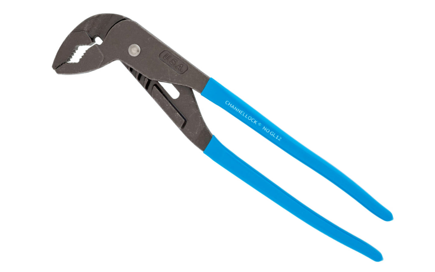 Channellock 12-1/2" Tongue & Groove "GripLock" Plier GL12 has an ergonomically designed offset head that provides more leverage. A special jaw design allows it to grip down on many shapes for added versatility. Channelock Model GL12. Professional non-slip channellocks. adjustable tongue and groove plier. Made in USA.