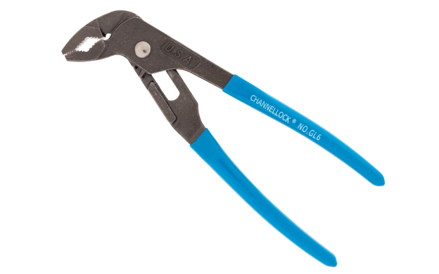 Channellock 6-1/2" Tongue & Groove "GripLock" Plier GL6 has an ergonomically designed offset head that provides more leverage. A special jaw design allows it to grip down on many shapes for added versatility. Channelock Model GL6. Professional non-slip channellocks. adjustable tongue and groove plier. Made in USA.