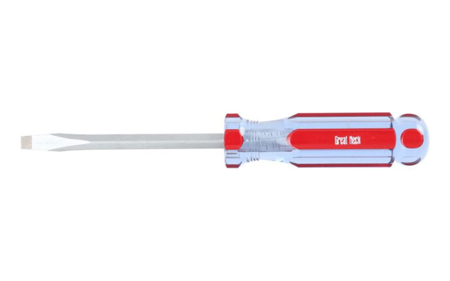 GreatNeck Model A44SC. 1/4" x 4" long blade. Great Neck Slotted Screwdriver. Precision Ground Sandblasted Tip for a More Secure Fit. Square Shank Provides Additional Turning Capabilities. 8" overall length. Chrome Vanadium Steel for strength & durability. Acetate Handle. Great Neck's A-Series Screwdriver. USA