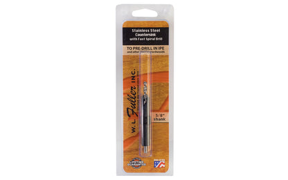 Made in USA · WL Fuller Stainless Steel Countersink & Spiral Drill Bit. Designed specially for use in IPE, & other exotic hardwoods. Two flutes for clean cutting & accurate boring. HSS spiral drill bit with a tighter twist, which allows faster chip clearance than standard twist drills. SS countersink and twist bit.
