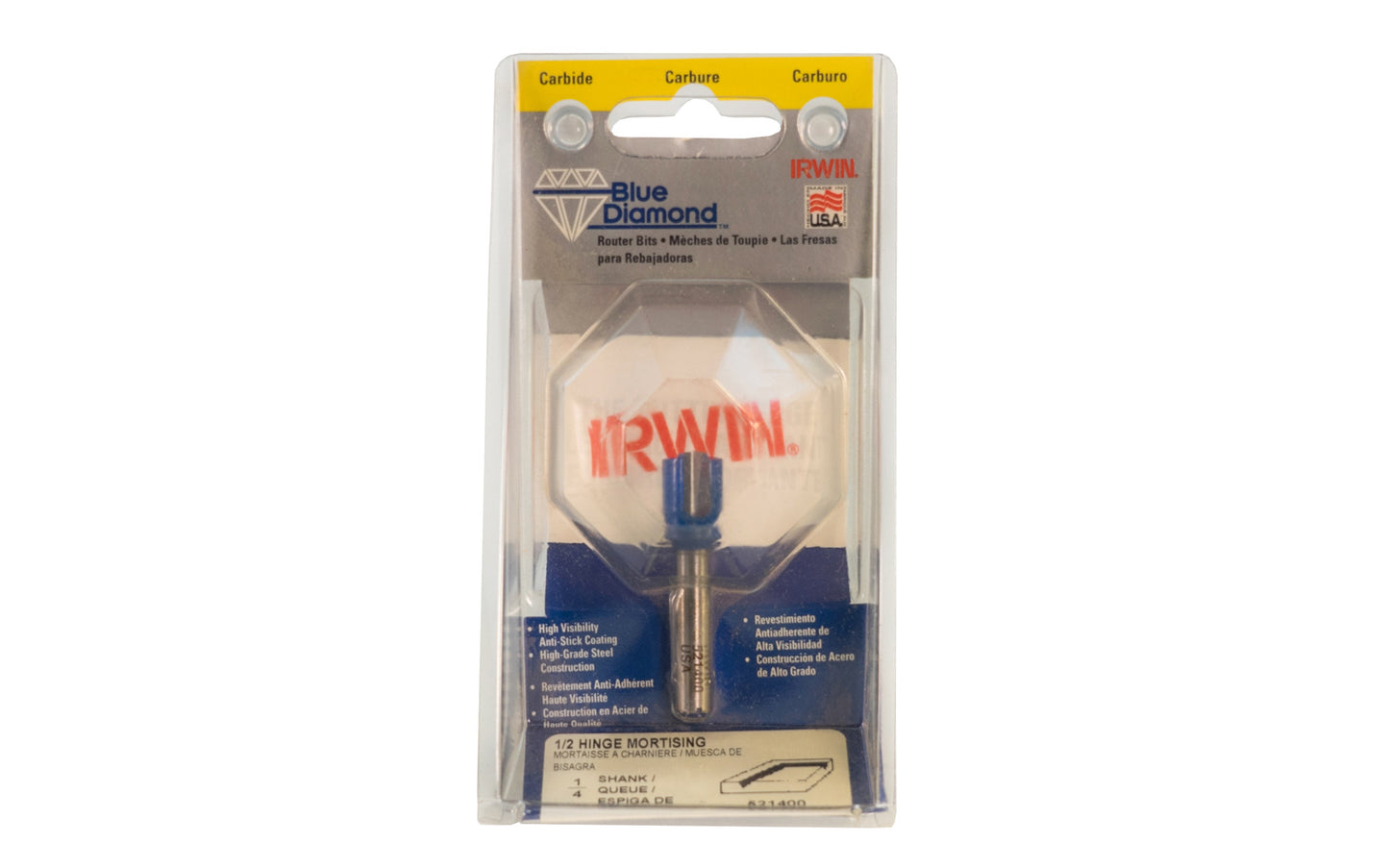 Irwin Carbide 1/2" Hinge Mortising Router Bit - Made in USA. High grade Steel construction Router Bit. 2" overall length. 1/4" shank. Irwin Blue Diamond Model No. 521400. Made in USA ~ 024721043122