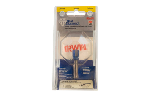 Irwin Carbide 1/2" Hinge Mortising Router Bit - Made in USA. High grade Steel construction Router Bit. 2" overall length. 1/4" shank. Irwin Blue Diamond Model No. 521400. Made in USA ~ 024721043122