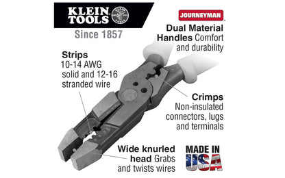 The Klein Tools Hybrid Pliers with Crimper & Wire Stripper can strip, cut, twist, shear & crimp all in the same tool. With full length, induction hardened knives & a high-leverage design, these hybrid pliers provide more cutting power on hard wire. Made in USA. Model J215-8CR.