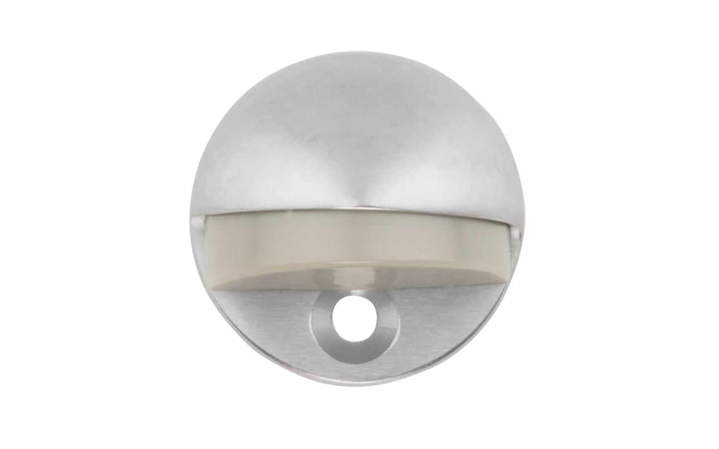This floor door stop prevents damage to walls & doors with 1/4" to 3/4" clearance. Satin chrome finish on solid brass material. Base Diameter: 1-3/4". Projection: 1-1/8". Made by National Hardware. Model N215-830.
