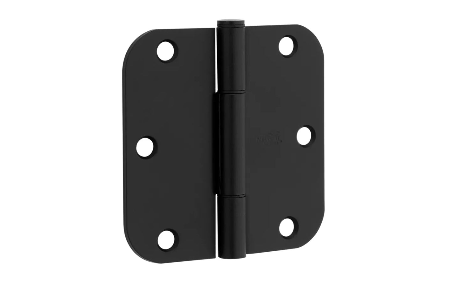 3-1/2" x 3-1/2" size  "Squeak Guard" Door Hinges - 3 Pack. Enables doors to pivot on one edge as they silently open & close. Matte black finish on steel material. 5/8" radius corners. Removable pin. National Hardware Model No. N830-447. 
