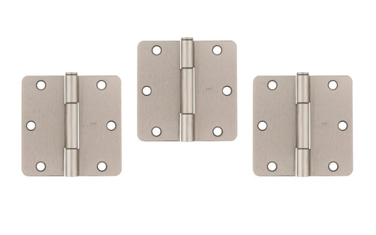 3-1/2" x 3-1/2" size  "Squeak Guard" Door Hinges - 3 Pack. Enables doors to pivot on one edge as they silently open & close. Satin Nickel finish on steel material. 1/4" radius corners. Removable pin. National Hardware Model No. N830-449. 
