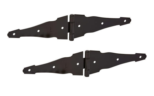 6" Black Finish Ornamental Strap Hinges - 2 Pack. Heavy-duty for extra strength & designed for gates, sheds & rustic doors. Coated with "Weatherguard" protection to withstand harsh weather conditions & prevent corrosion. Sold as two hinge in packs. National Hardware Catalog Model No. N881-946.