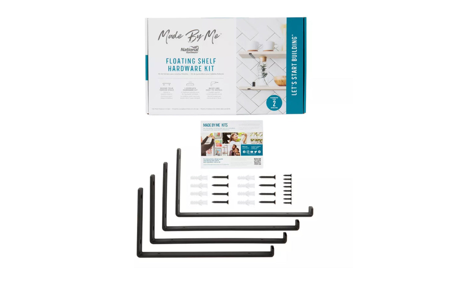 This floating shelf hardware kit set includes 4 shelf brackets, 8 wall anchors and 16 flat head screws. Made with industry-grade steel on trend matte black finish. All mounting hardware included for installation. Can be installed with shelves up to 11-3/8" depth. National Hardware Model No. N900-002.
