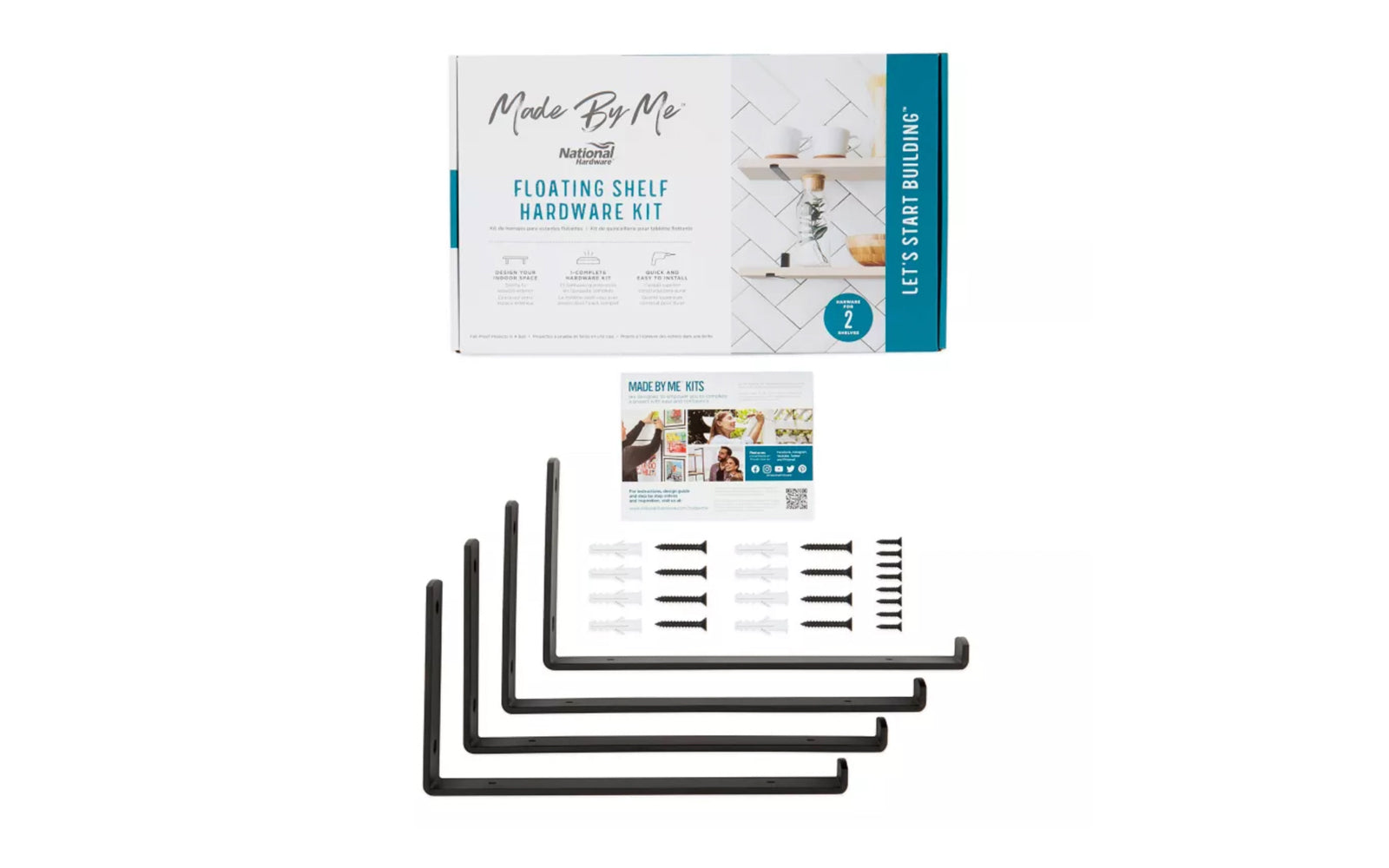 This floating shelf hardware kit set includes 4 shelf brackets, 8 wall anchors and 16 flat head screws. Made with industry-grade steel on trend matte black finish. All mounting hardware included for installation. Can be installed with shelves up to 11-3/8" depth. National Hardware Model No. N900-002.