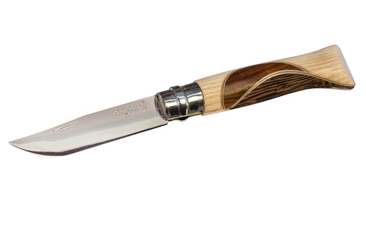 Made in France · Foldable blade with stainless locking collar ~ Special "Chaperon" Handle with genuine Walnut, Rosewood, Wengé, and Ashwood woods.