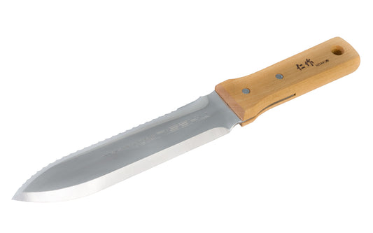 Made in Japan · Very popular soil & weeding knife ~ 7" long beveled blade ~ sharp serrated saw-tooth edge acts as a shovel & saw ~ Perfect gift for gardeners!