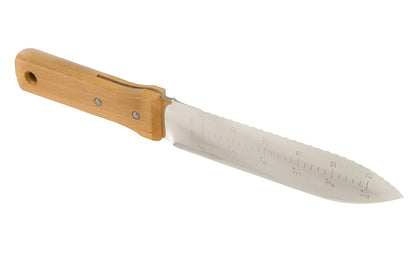 Made in Japan · Very popular soil & weeding knife ~ 7" long beveled blade ~ sharp serrated saw-tooth edge acts as a shovel & saw ~ Perfect gift for gardeners!