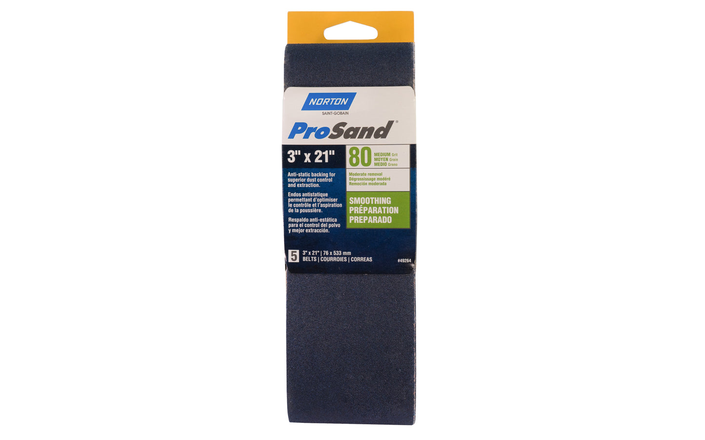 Norton "ProSand" 3" x 21" Sanding Abrasive Belts - 80 Grit. Pro Sand Zirconia Alumina Abrasive Sanding Belts. Anti-static backing for superior dust control & extraction. For heavy stripping & removal. 5 Pack. Made in USA. Model 49264