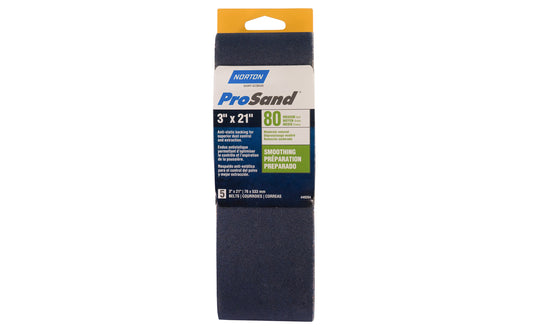 Norton "ProSand" 3" x 21" Sanding Abrasive Belts - 80 Grit. Pro Sand Zirconia Alumina Abrasive Sanding Belts. Anti-static backing for superior dust control & extraction. For heavy stripping & removal. 5 Pack. Made in USA. Model 49264