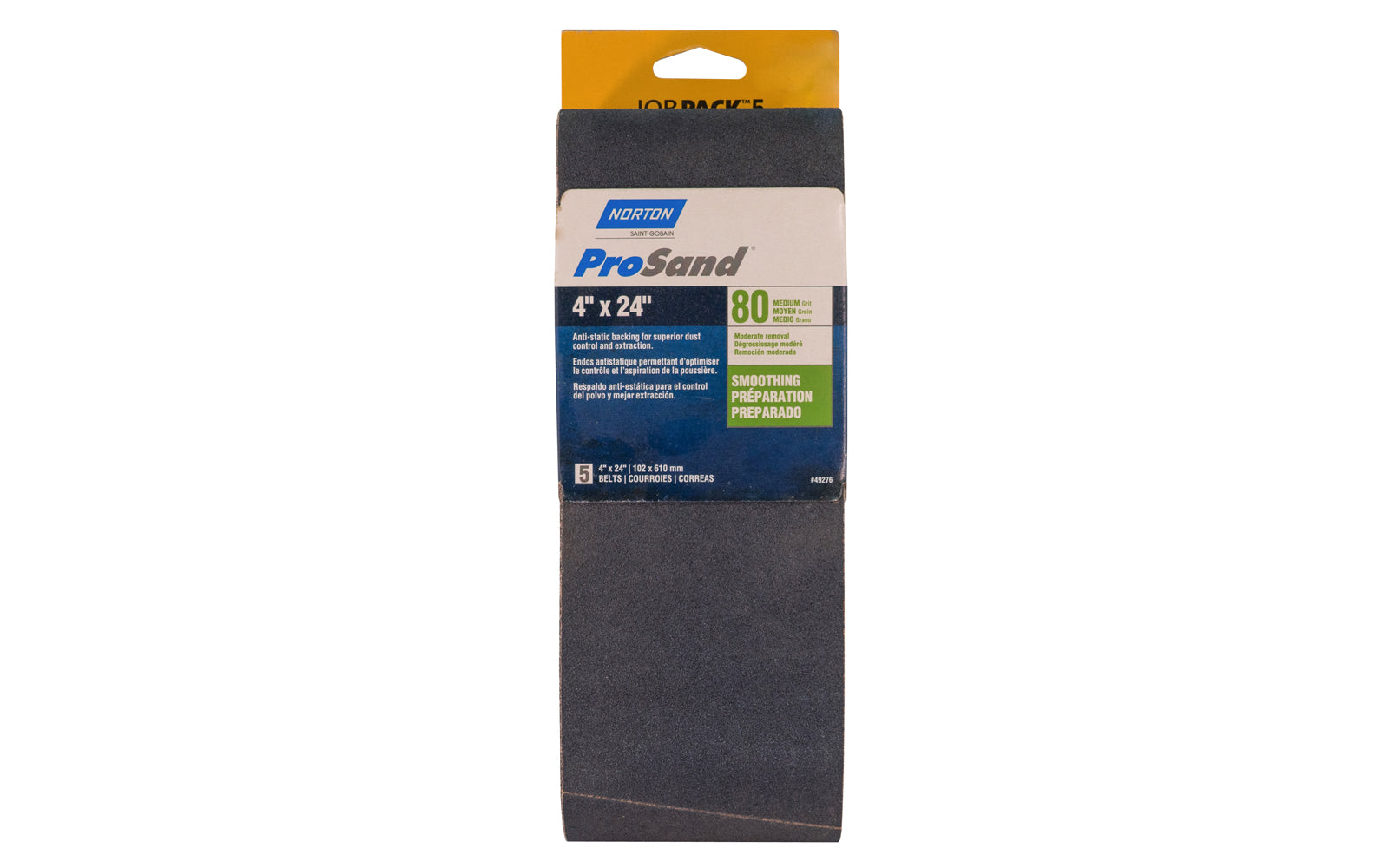 Norton "ProSand" 4" x 24" Sanding Abrasive Belts - 80 Grit. Pro Sand Zirconia Alumina Abrasive Sanding Belts. Anti-static backing for superior dust control & extraction. For heavy stripping & removal. 5 Pack. Made in USA. Model 49276