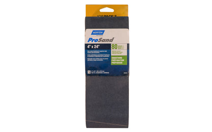 Norton "ProSand" 4" x 24" Sanding Abrasive Belts - 80 Grit. Pro Sand Zirconia Alumina Abrasive Sanding Belts. Anti-static backing for superior dust control & extraction. For heavy stripping & removal. 5 Pack. Made in USA. Model 49276