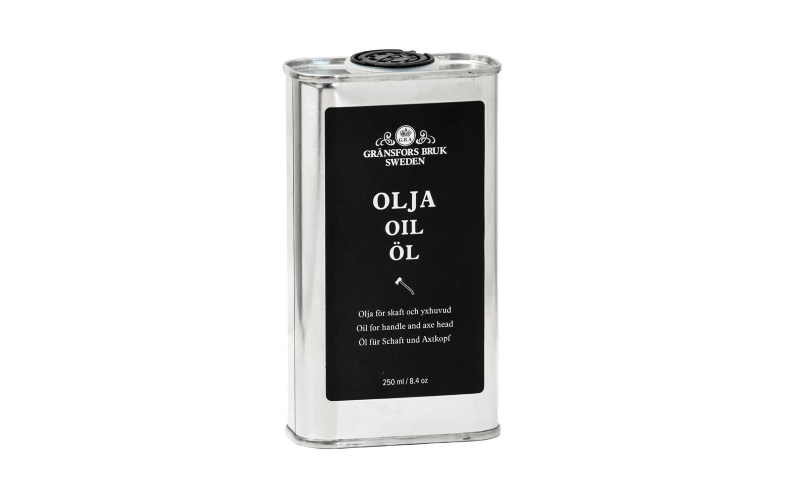 Gränsfors Bruk Oil. Used to treat axe handles in order to extend the life of handle - The oil has also been developed to protect the axe head against rust. Model No. 4037.