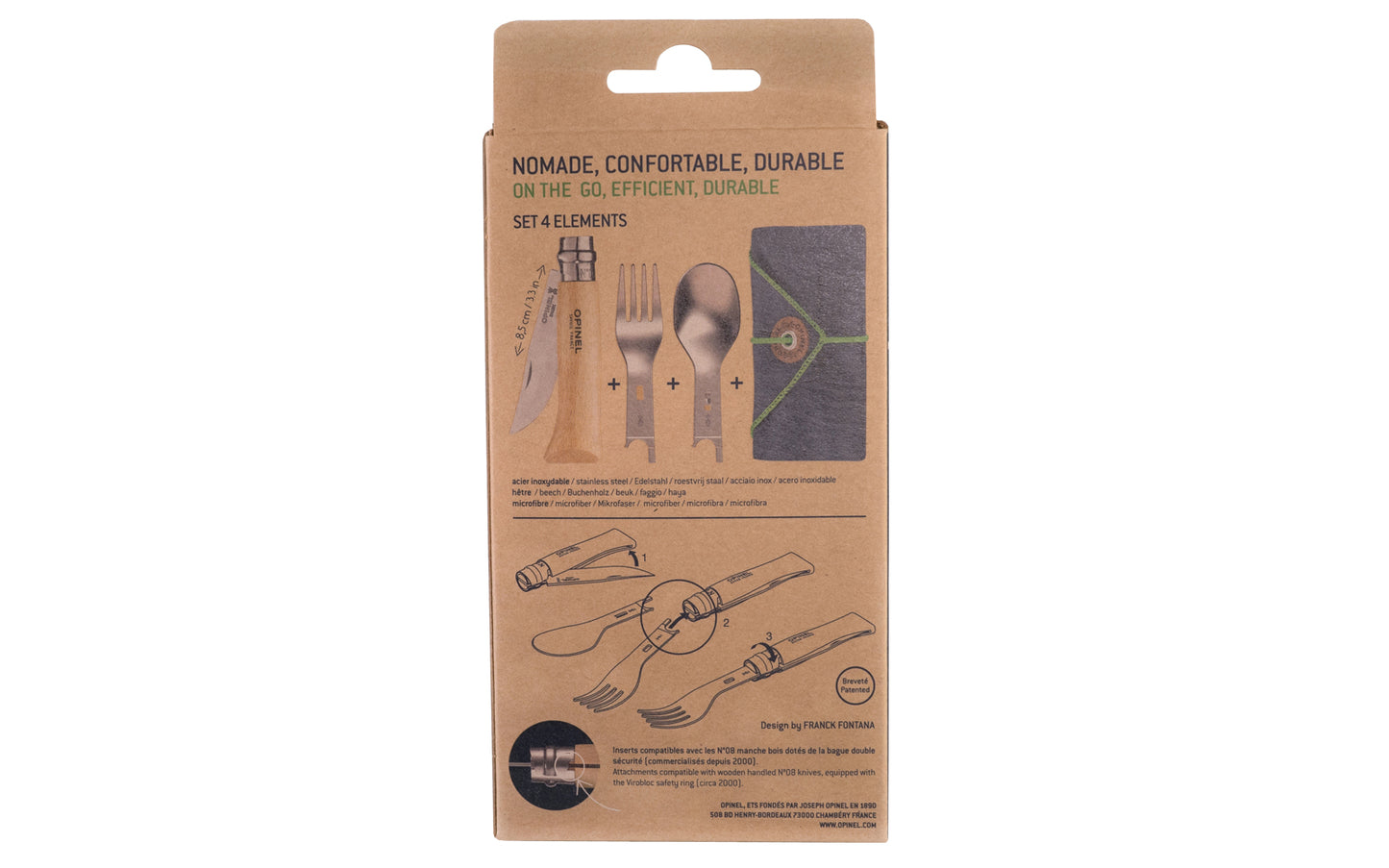Made in France · Opinel Stainless Steel No. 8 Knife + Picnic Kit. Opinel Stainless Steel No. 8 Knife + Picnic Kit. The Picnic+ cutlery inserts are smart & durable accessories for on the go meals & camp cooking. Perfect for hiking, weekend picnics, or just everyday lunches. Includes fork & spoon inserts to fit in knife.