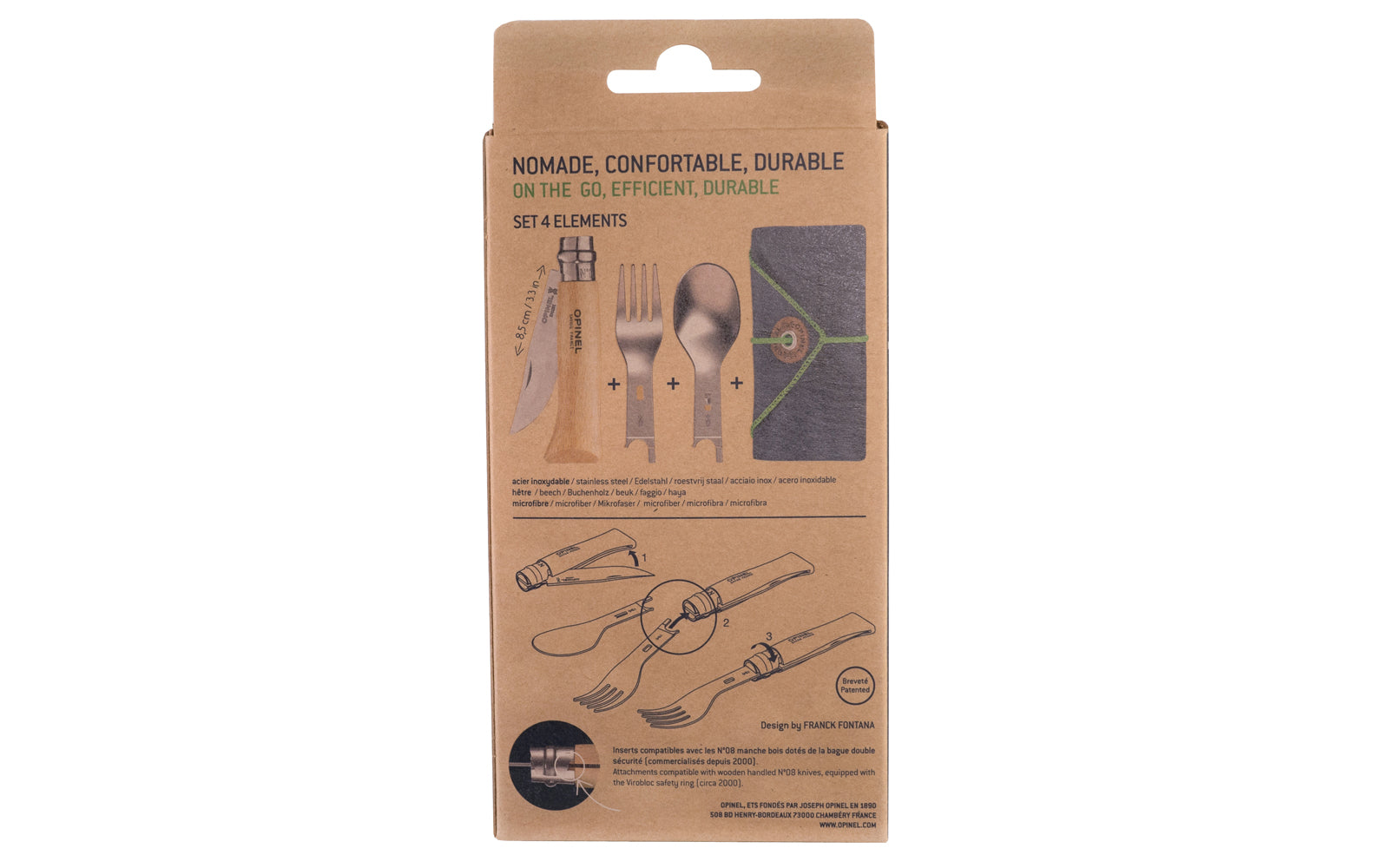 Made in France · Opinel Stainless Steel No. 8 Knife + Picnic Kit. Opinel Stainless Steel No. 8 Knife + Picnic Kit. The Picnic+ cutlery inserts are smart & durable accessories for on the go meals & camp cooking. Perfect for hiking, weekend picnics, or just everyday lunches. Includes fork & spoon inserts to fit in knife.