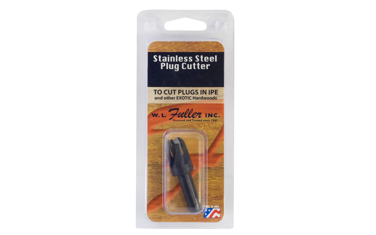 Made in USA · WL Fuller Stainless Steel Four-Flute Plug Cutter. Designed specially for cutting plugs in IPE, & other exotic hardwoods. Designed for clean cutting & hardened for long life, the cutter has a rounded inside diameter which makes the chamfered plugs for easy starting in counterbored holes.